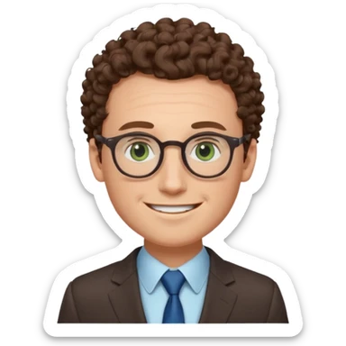 The face of a white man, with blue/green eyes, a large forehead, small and thin round glasses, curly brown hair, wearing a suit, and smiling sticker