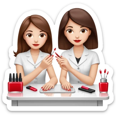 A realistic illustration of a girl with medium-length thick brown hair sitting at a manicure table. Another girl is carefully doing her nails, using professional manicure tools. Soft natural lighting, clean salon environment, detailed hands and nail work, warm and pleasant atmosphere. sticker