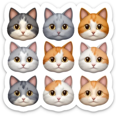 6 realistic looking cats with different natural coloured coats, assorted grey and white, greys, calico, brown and white colours etc
 sticker