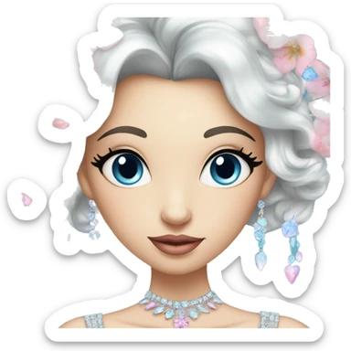 Gorgeous pastel Lady with blue eyes in a sparkly shiny dress with tiara and necklace and flowers behind her and trending  sticker