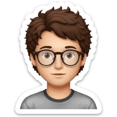 brunette fluffly hair boy with freckles and brown eyes glasses handsome sticker