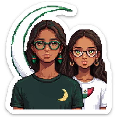 pixel art style: medium height beautiful Mexican girl with dark-skinned boy with glasses, green-brown eyes, crescent moon scar on chin sticker