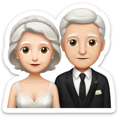 A grandmother wearing her own wedding dress and her husband is wearing a black tie  sticker
