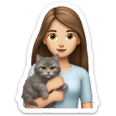  Chestnut brown straight hair girl holding fluffy Siberian gray cat  sticker