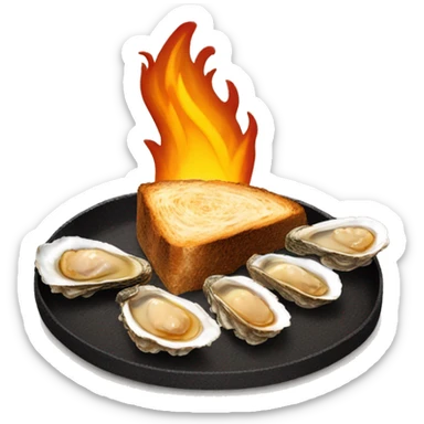 slice of black toasted bread with pan of oysters, fire turkey sticker