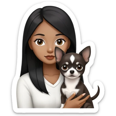 Thai woman with long straight black hair next to a small black and white Chihuahua puppy sticker