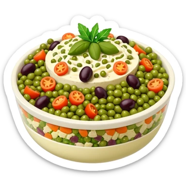 Salată de boeuf: a Romanian festive salad made with finely chopped boiled vegetables, pickles, peas, and beef or chicken, all mixed with mayonnaise and decorated with olives and pickles. sticker
