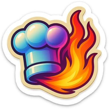 chef's hat with a trail of fire emoji, playful, synthwave colors, vibrant, matching style reference file
 sticker
