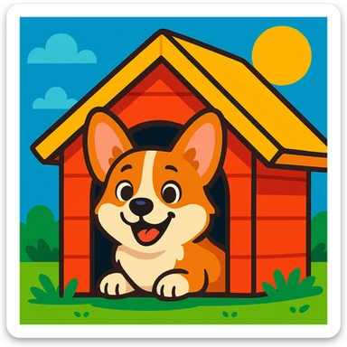 a cheerful corgi peeking out from a dog house, vibrant toon style, cartoonish, colorful sticker