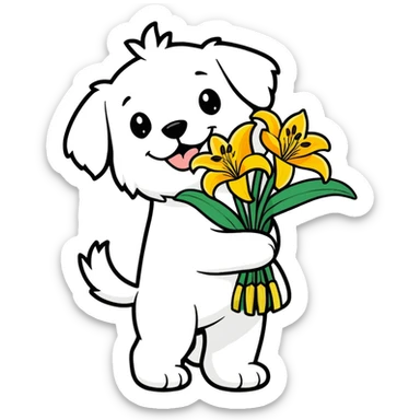 An illustration of a happy maltese dog carrying a bunch of yellow tiger lillies. sticker