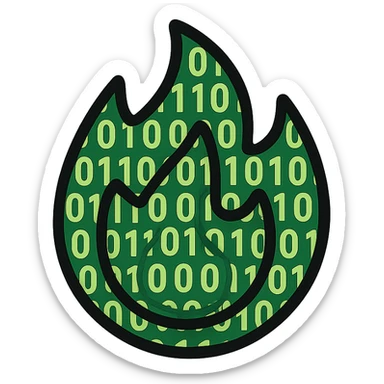 Transform the flame so it is made up of glowing binary code—zeros and ones forming the shape of the flame, vibrant and digital, with a modern look, in a lineal color icon style with black outlines. sticker
