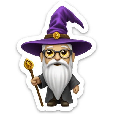 Wizard with a staff and pointed hat with a small bitcoin logo on the top of the staff sticker