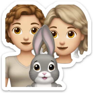 White Girl brown hair anD two Grey bunnies sticker