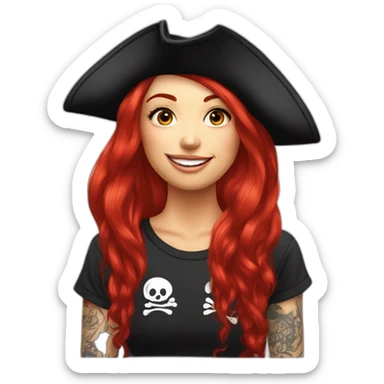 Woman long red hair hanging to one side in a platt, tattoo on side of head.  pirate hat. skull and crossbones t shirt sticker