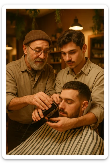 Inside a cozy barbershop with soft lighting, an experienced barber gently teaches his apprentice, guiding his hands as they cut hair together. The room is filled with warmth, plants hanging from the ceiling, and the hum of clippers sticker