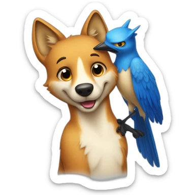 Anthropomorphic dingo giving an anthropomorphic blue bird a hug sticker