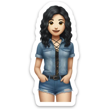 A South Korean girl with black and blue hair and Shakira lace up croc top and short jeans  sticker