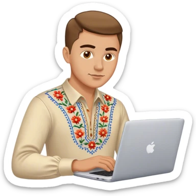 A Ukrainian guy in an embroidered shirt works at his laptop sticker