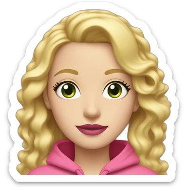  One white woman with wavy blond hair and long eyelashes and green eyes wearing pink lipstick and pink hoodie  sticker