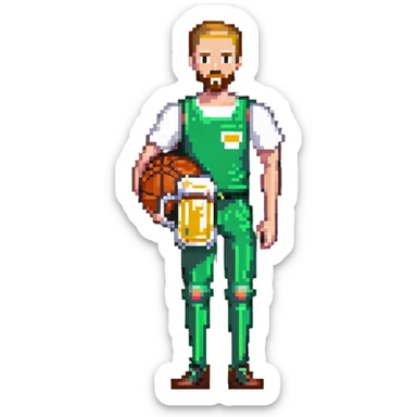 Thin man with basketball and beer sticker