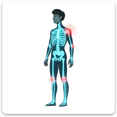 Medical illustration: glowing human body silhouette with highlighted joints, cool blue and green healing energy radiating outward, red inflammation areas being neutralized by blue light, clean clinical aesthetic, futuristic background sticker