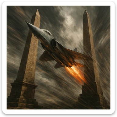a jet plane about to pass through two towering stone obelisks, intense motion sticker