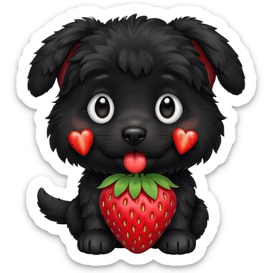 A black fluffy puppy with a strawberry sticker