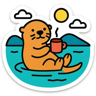 minimal flat icon style otter floating on a lake and drinking a coffee sticker