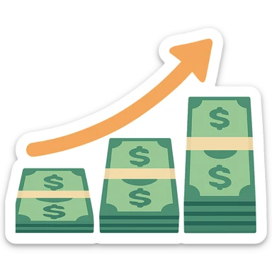flat design style upward trending arrow beside three stacks of bundled dollar bills in ascending height sticker