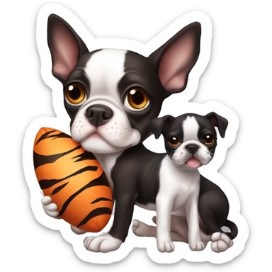 Boston terrier holding stuffed tiger sticker