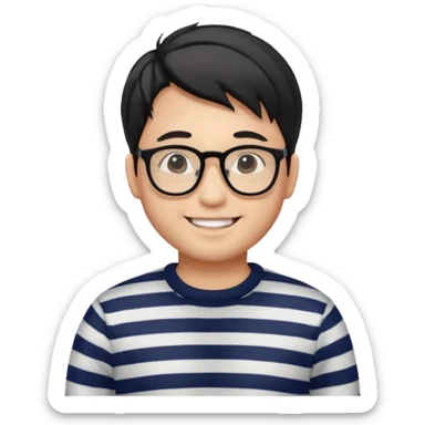 asian man with black curtains styled hair in striped sweater standing smiling and in glasses sticker