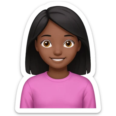 A portrait of a 14-year-old girl, he's got black hair, darkish skin and brown eyes. she's wearing a pink longsleeve. She's smiling a bit sticker