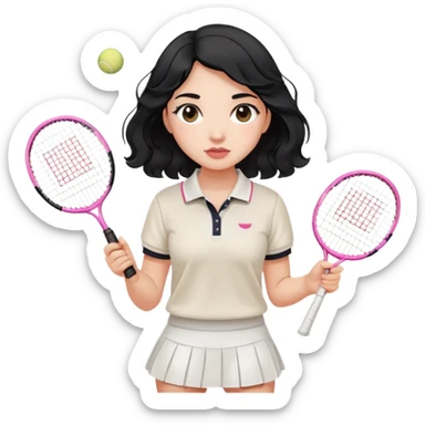 A girl with soft, gentle black hair with waves. She's wearing a white polo and tennis skirt, holding a badminton. She has really long lashes, slightly plump and pink lips as well as blushy cheeks. sticker
