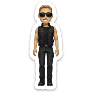 Man a 27 years , white skin , with black  sunglasses , black high neck , brawn vest , black pantaloon, brawn shoes with black watch  sticker