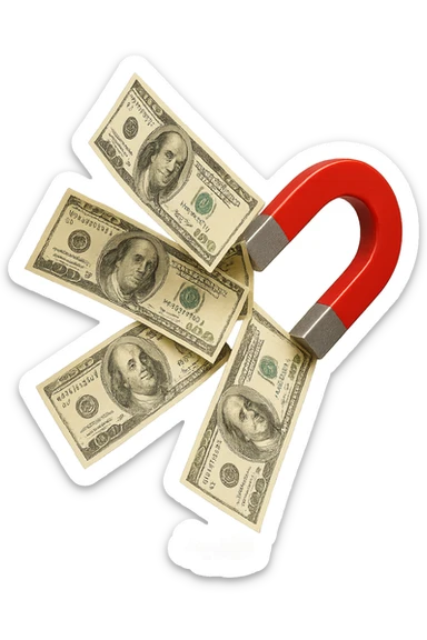 cinque banconote fluttuano in aria attratte da una calamita rossa, iperrealistica 4k, isolato su sfondo bianco sticker