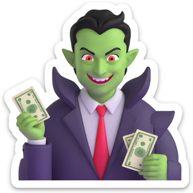 sinister demon salesman counting money with evil smile sticker