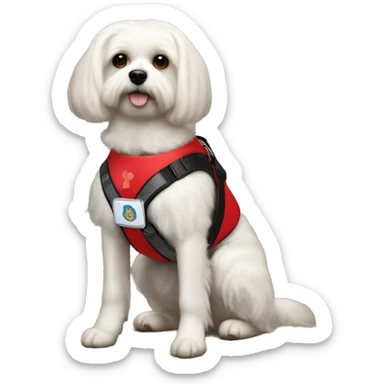 Maltese service dog wearing a red service dog vest with to bleck straps one in the front one around the belly  sticker
