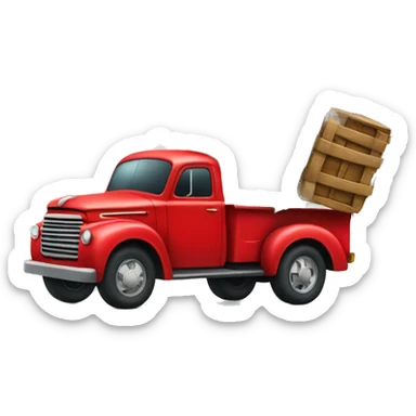 Old red truck carrying a Christmas tree sticker