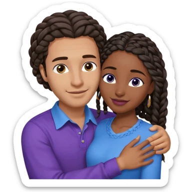 Boyfriend who is middle Eastern olive skinned with blue eyes and wavy straight brown hair in a blue shirt and his African girlfriend who is very black skinned, juicy lipped with black braided hair and the two are hugging and smiling hugely she’s wearing purple and she has black eyes sticker