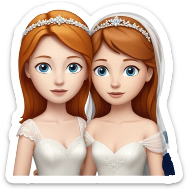 A ginger woman with blue eyes, marrying a taller woman with brown hair and hazel eyes, both in wedding dresses. sticker