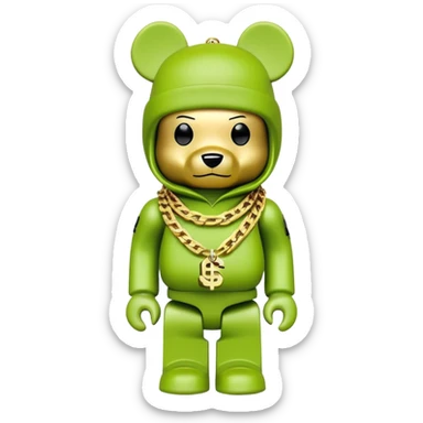 bearbrick with cube head in lime green balaclava tagged with multiple logos in graffiti style, wearing stacked gold chains, gold dollar sign pendant, luxury hip hop look sticker