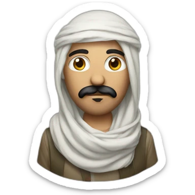 A person wearing only a shemagh and mustache sticker