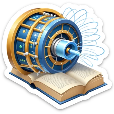 An icon featuring a physics textbook, a large Hadron Collider with particles flying off, symbolizing the study of physics. The design includes atomic models, energy waves, and scientific formulas, representing fundamental physical principles and research. Transparent background. sticker