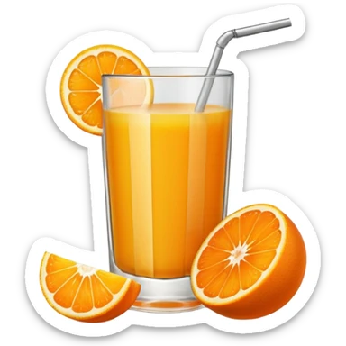A glas of orange juice with a slice of orange next to it sticker