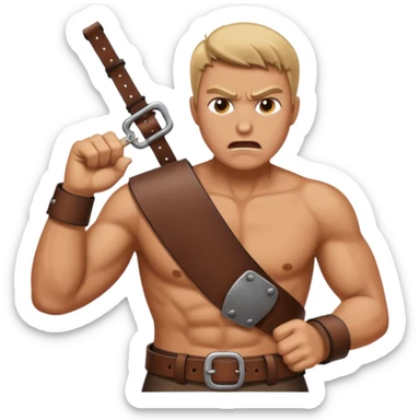 A man angry slanging a belt to someone’s behind sticker