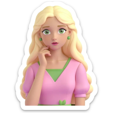a 3d IOS realistic style emoji of a blonde with long hair and swamp eyes in a pink pastel dress thoughtful sticker