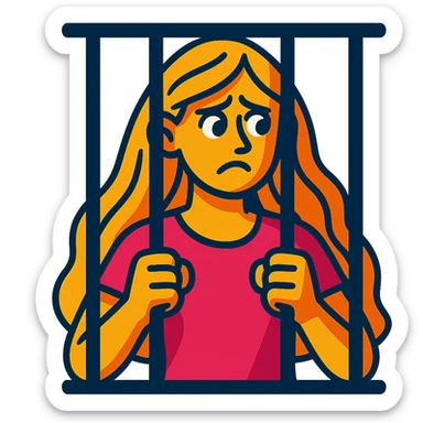 golden girl with long hair in jail, vibrant toon style sticker