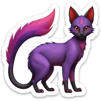 Black edgy Noibat-Purloin-Torracat-Lykoi-Caracal-cat-Fakemon-fusion-hybrid-creature with violet and red scale markings sticker