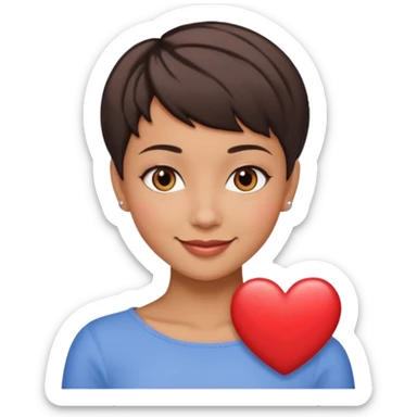 woman pixie cut dark brown hair, tan skin, brown oval eyes, heart shaped face sticker