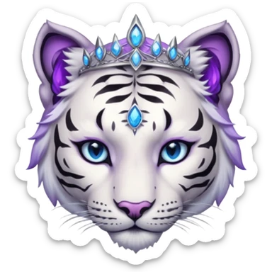 ESO Female white/black tiger khajiit leader of the umbral rose, glowing blue eyes, glowing blue 'third eye' gem; beautiful desined purple gemmed silver tiara sticker